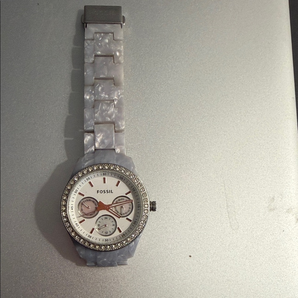 Fossil Silver and White Face Crystal Bezel Watch Opal Resin Band